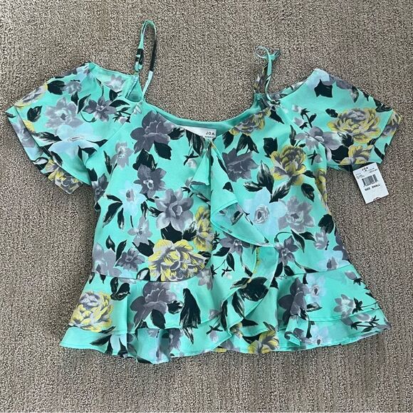 J.O.A. Teal Flower Ruffle off the shoulder cap sleeves Blouse - Picture 1 of 6